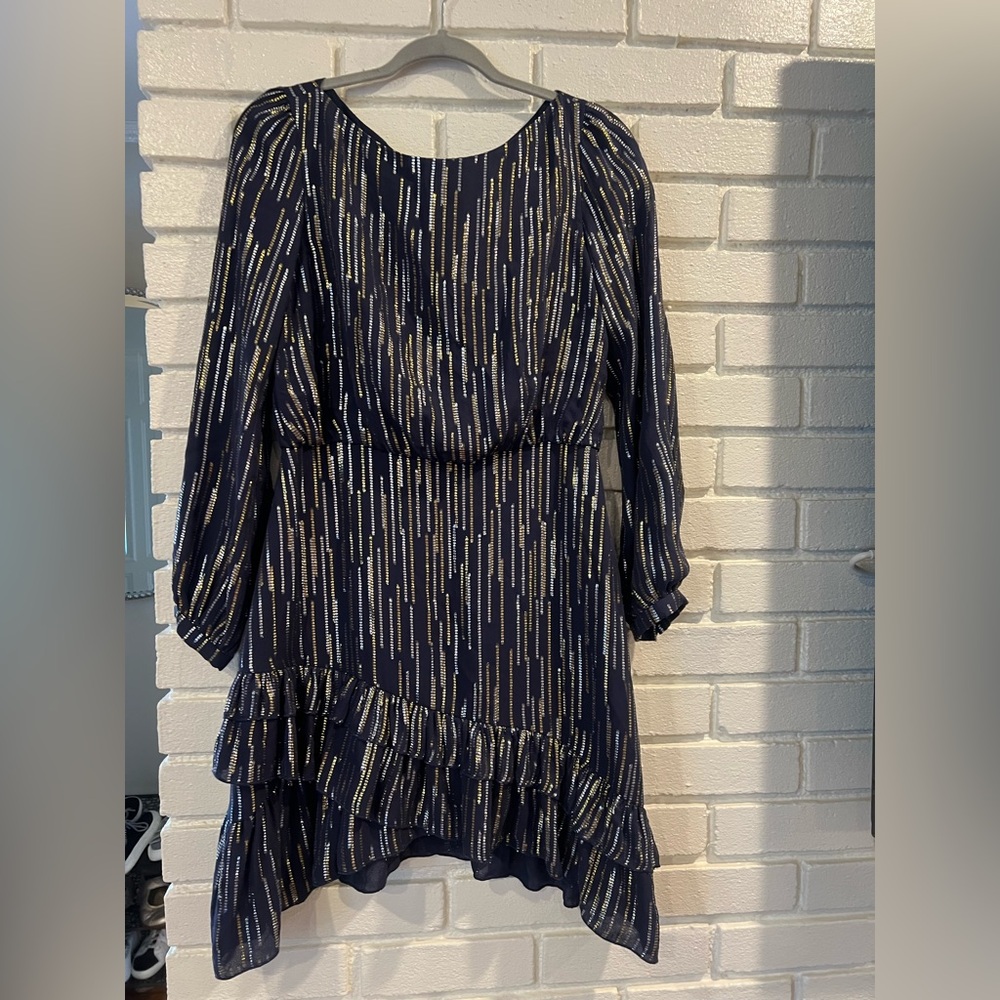 SALONI Midnight Blue, Silver and Gold Ruffle Dress size US 8